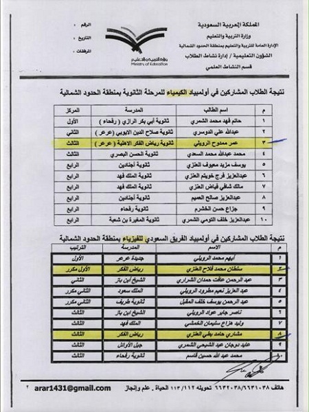 فوز أبناء ثانوية رياض الفكر في مسابقتي الفيزياء والكيمياء