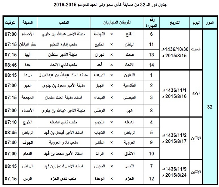 صدور جدول دور الـ 32 من كأس ولي العهد – صورة