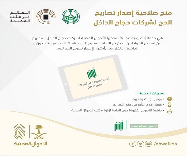 منح شركات ومؤسسات حجاج الداخل صلاحية إصدار تصاريح الحج إلكترونيًا