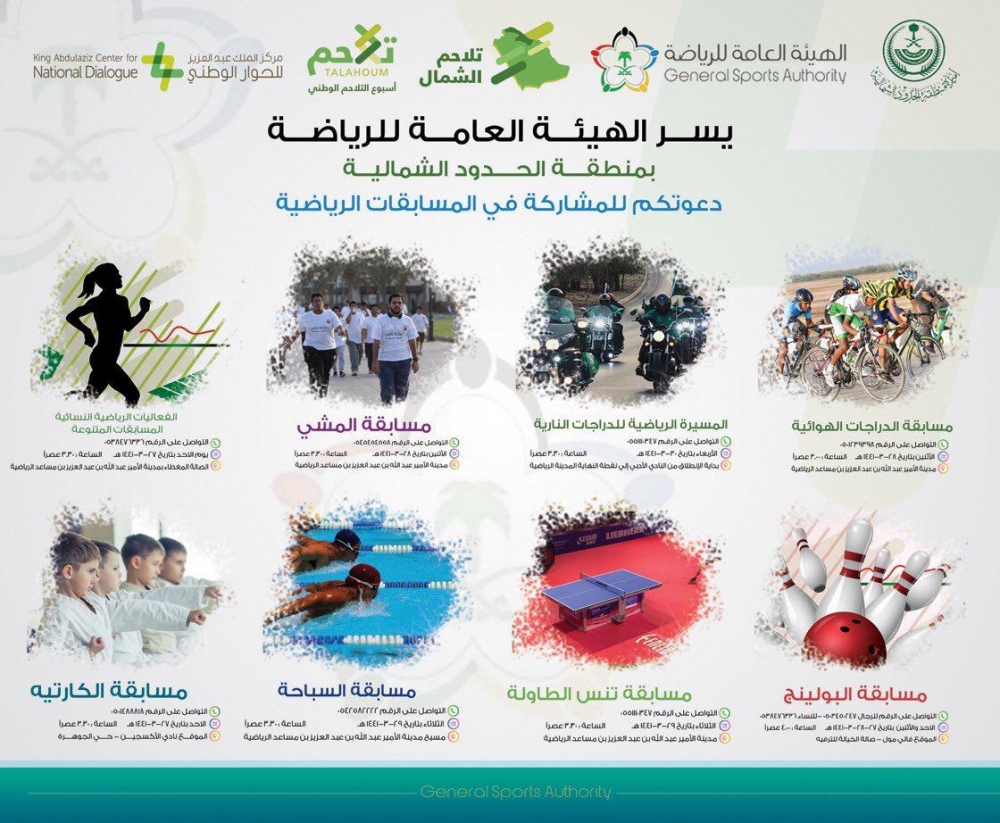 هيئة الرياضة بالحدود الشمالية تقيم فعاليات رياضية مع مركز الملك عبدالعزيز للحوار الوطني