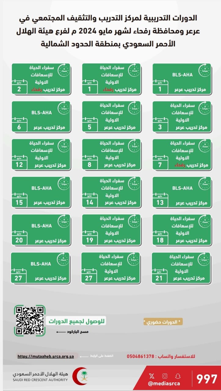 فرع هيئة الهلال الأحمر السعودي بمنطقة الحدود الشمالية يعلن عن الدورات التدريبية لمركز التدريب والتثقيف المجتمعي